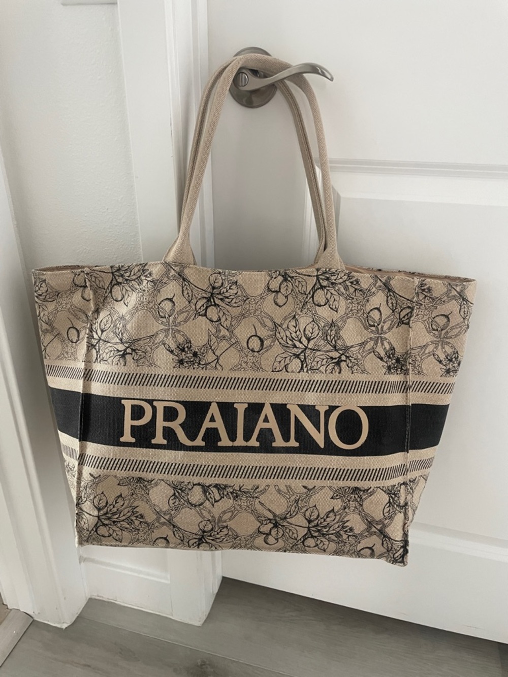 Beige Floral Canvas Tote Bag